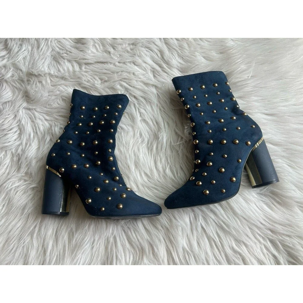 Cape Robbin Women's Size 8.5 Navy Blue Gold Studded Heel Boots Booties